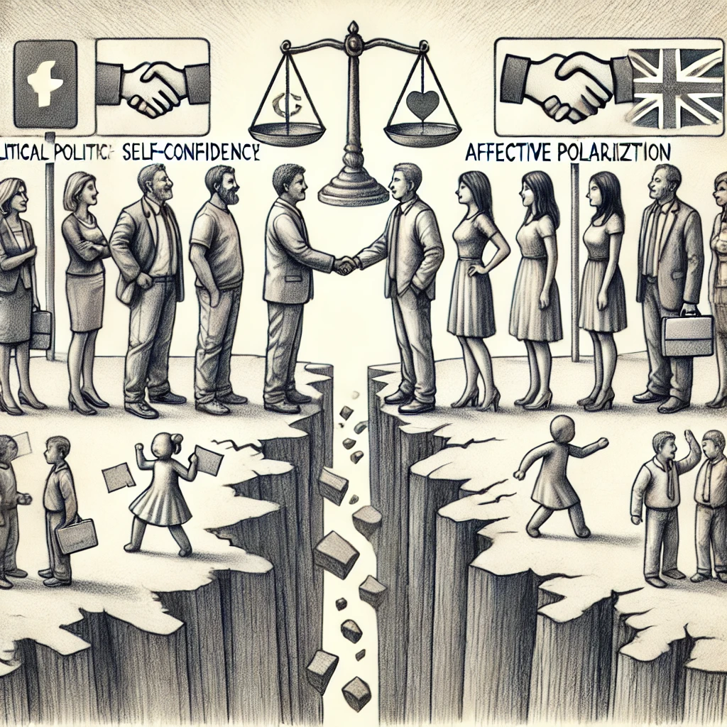 Das Bild visualisiert die zentralen Themen des Artikels: Politisches Selbstbewusstsein und affektive Polarisierung. Es zeigt zwei Gruppen von Menschen, die sich auf gegenüberliegenden Seiten eines großen Grabens befinden, der die Spaltung symbolisiert. Auf der einen Seite sind die Individuen selbstbewusst und durchsetzungsfähig, sie halten Schilder mit politischen Symbolen. Auf der anderen Seite wirken die Menschen weniger sicher, einige versuchen, den Graben mit Handschlägen oder Diskussionen zu überbrücken. Im Hintergrund sind gebrochene Verbindungen in den sozialen Medien und eine Waage, die Toleranz und Diskriminierung abwägt, dargestellt, was die Auswirkungen politischer Überzeugungen auf soziale Interaktionen verdeutlicht.